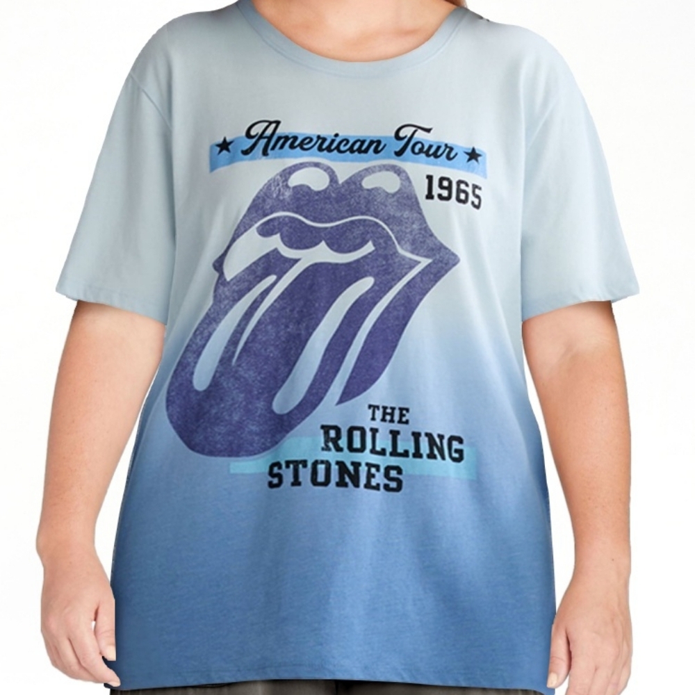 the Rolling Stones Light Blue to Blue Ombre Women Tee with Purple Tongue Logo